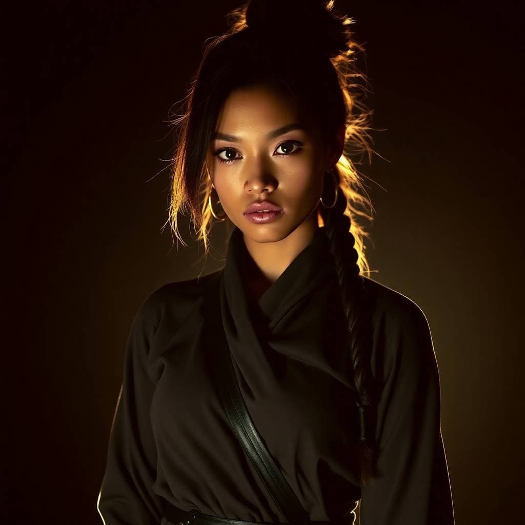 AI generated: This female bounty hunter is a true work of art, with a striking blend of African and Asian features...
