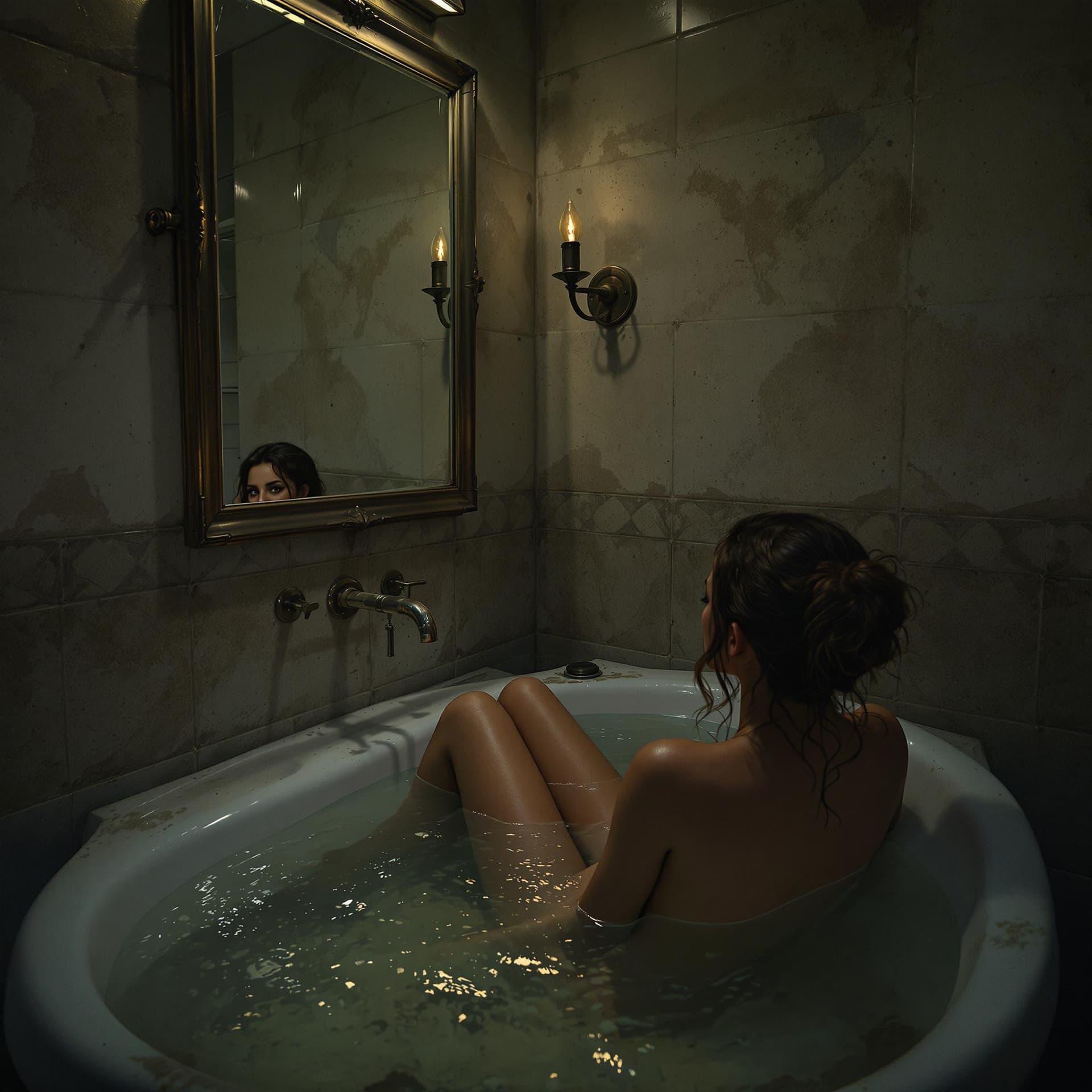 AI generated: En un baño antiguo y sucio de una casa abandonada, una hermosa jovencita parada de frente a la cámar...