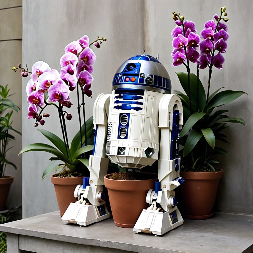 AI generated: (((R2d2))) flower pot holding orchids, outdoors scene, (hyper-realistic:1. 2), highly detailed, rule...