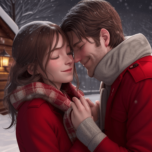 AI generated: A romantic winter night  scene shows a couple sharing an intimate moment. The man and woman Ultra-re...