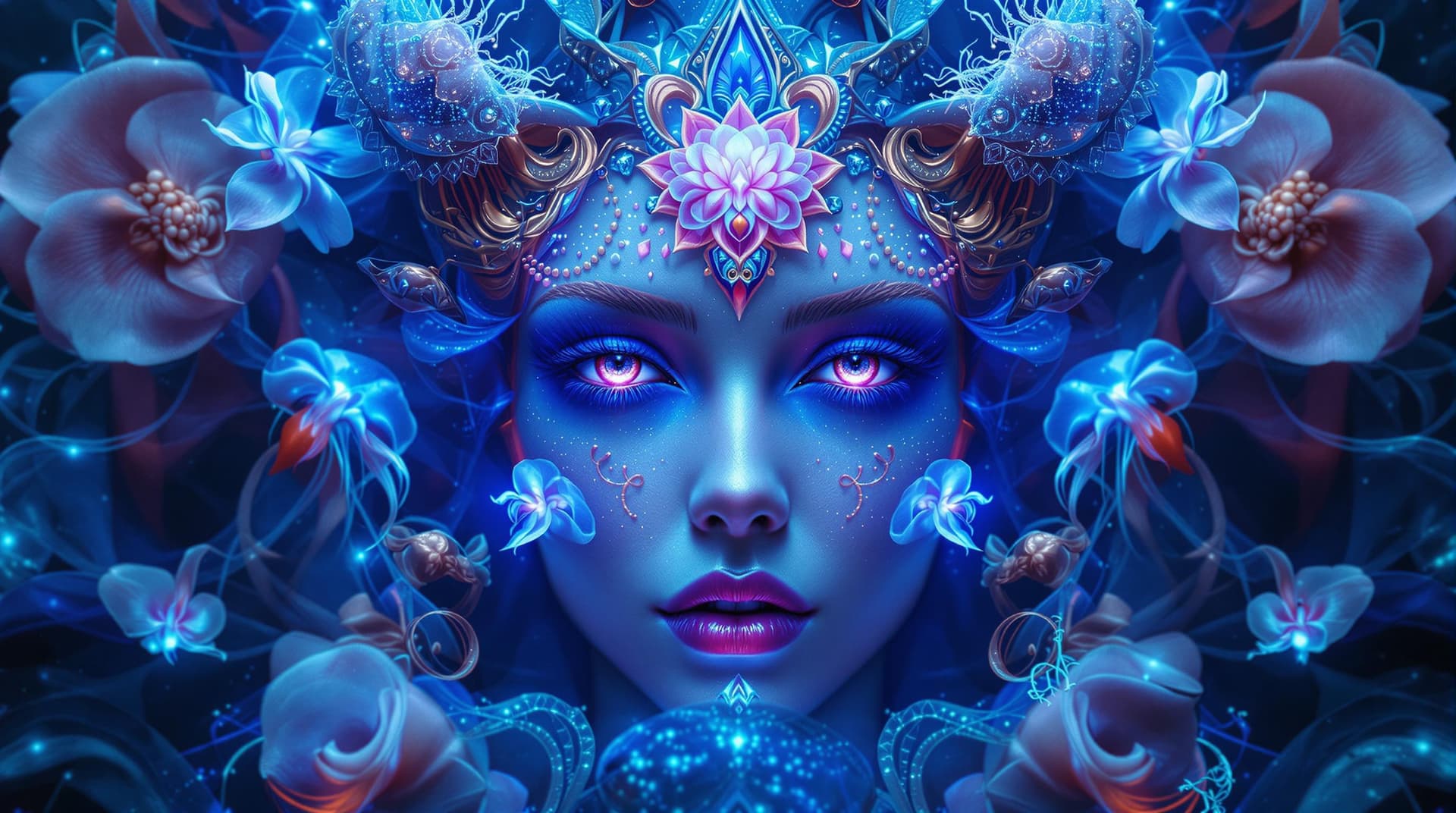 AI generated: Goddess close-up portrait ribcagel. jellyfish phoenix head, nautilus, orchid, skull, betta fish, bio...