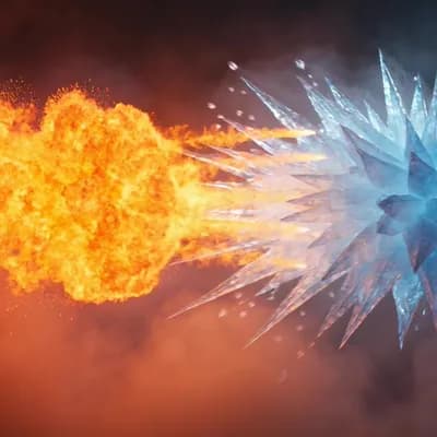 AI generated video: Fire versus ice cinematic battle, flames, sparks, frozen crystals, explosive visual effects, slow mo...