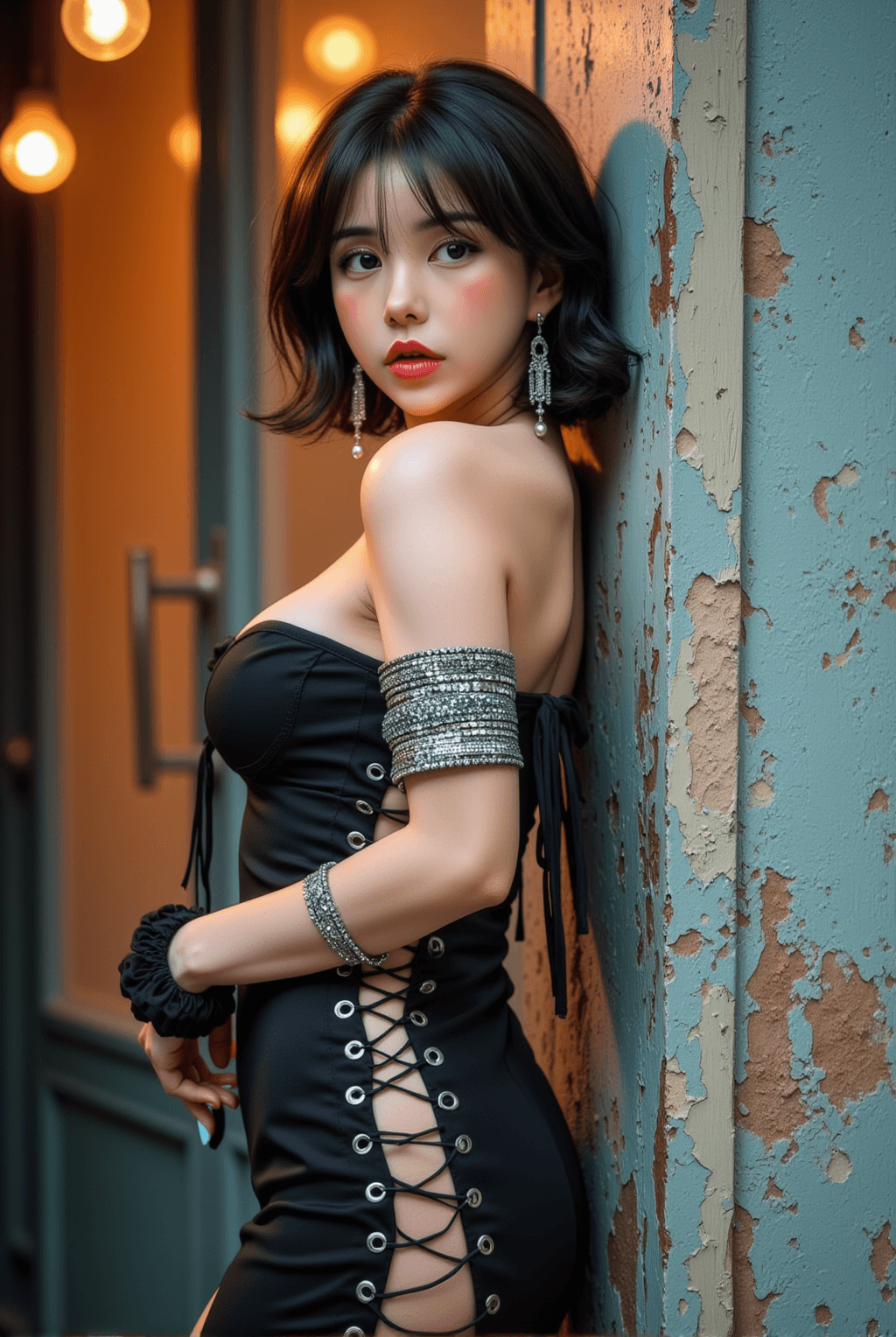 AI generated: This is a stylish and sultry portrait of a young East Asian woman, captured in a setting with dramat...