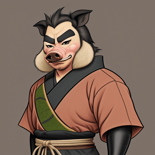 AI generated: anthropomorphic wild pig, male,  samurai, art by Stan Sakai, anime