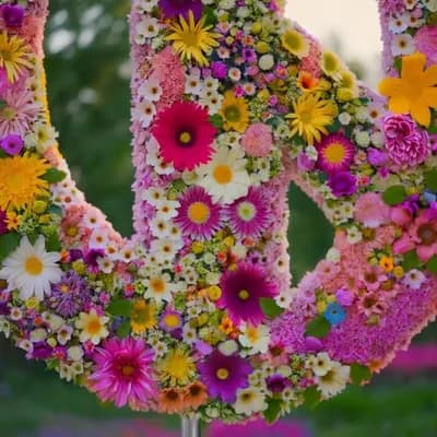 AI generated video: Big peace sign created by flowers, lots of beautiful flowers, floating  , surrealist midjourney styl...