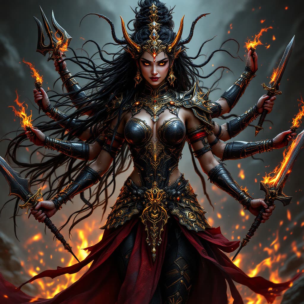 AI generated: an ultra-realistic, full-body portrait of a captivating Devi durga with 10 hands wach carrying weapo...