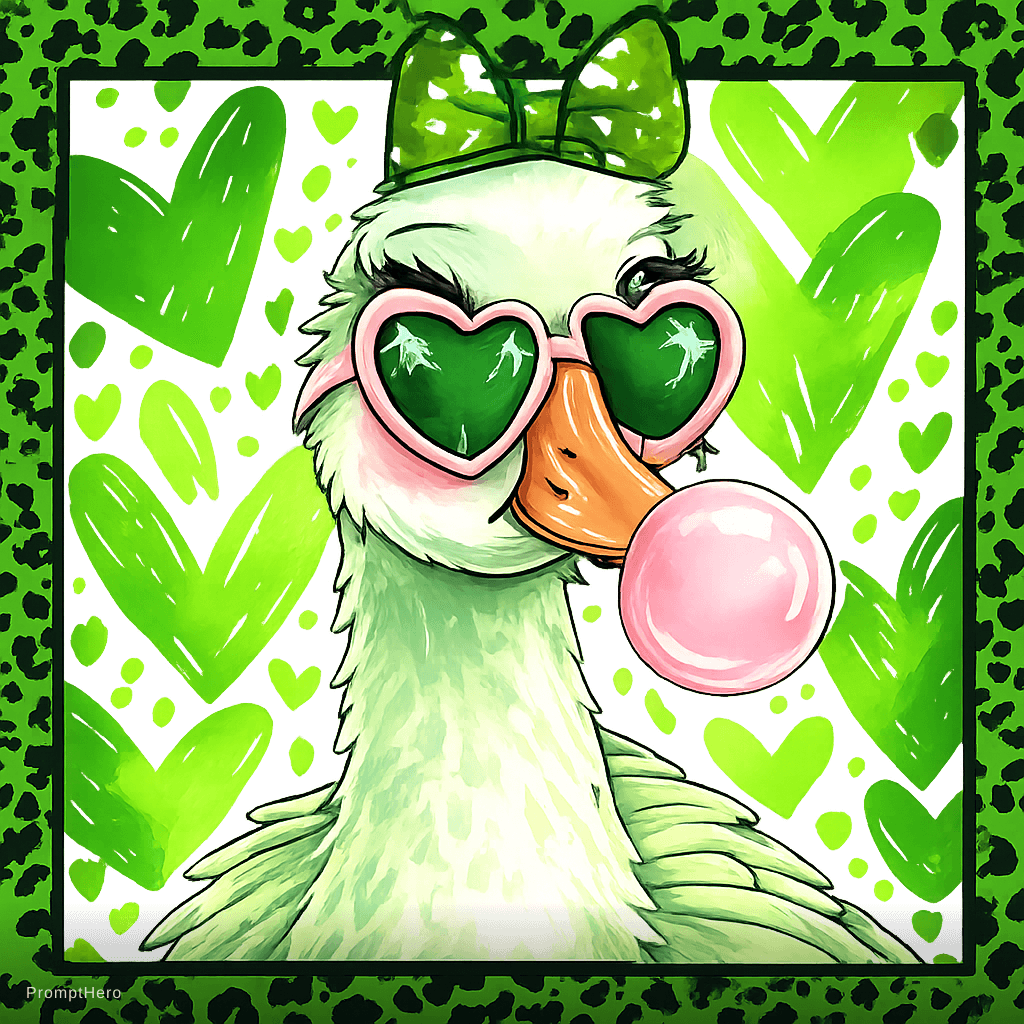 AI generated: Super cute girly duck character, bright white and mint feathers with bold olive shading, dramatic lo...
