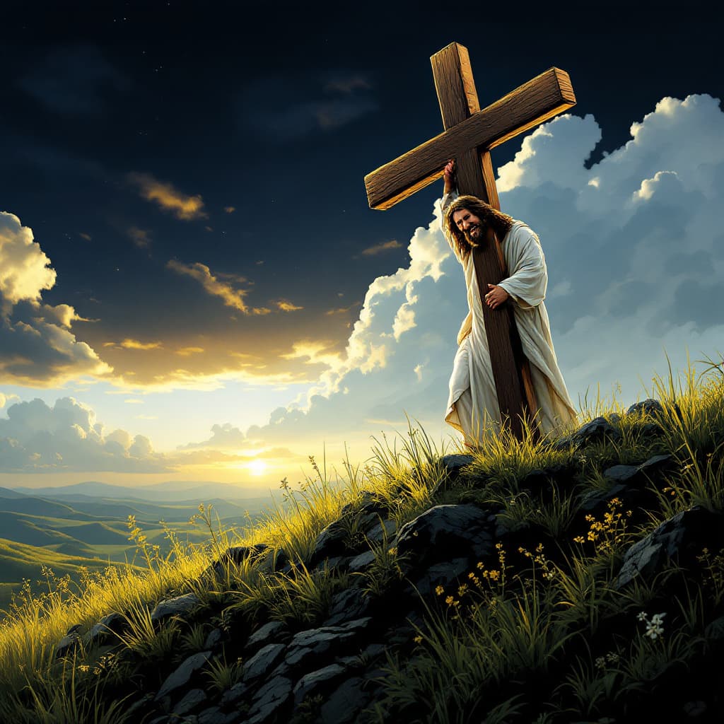 AI generated: Jezus carrying a cross onto a hill with a smile on his face. Thumbs up!