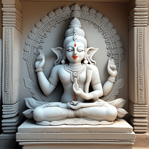 AI generated: white stone sculpture of lord shuiva engraved on a temple wall with intricate floral designs
