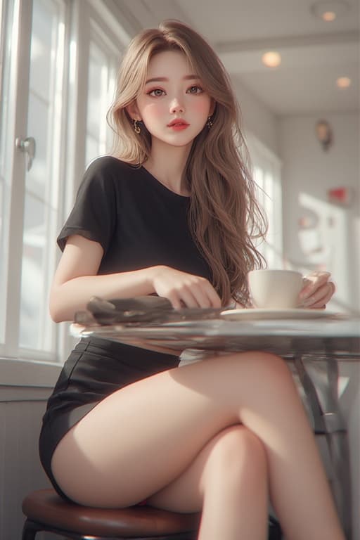 AI generated: A beautiful young woman with long wavy light brown hair, wearing a black t-shirt and a matching mini...