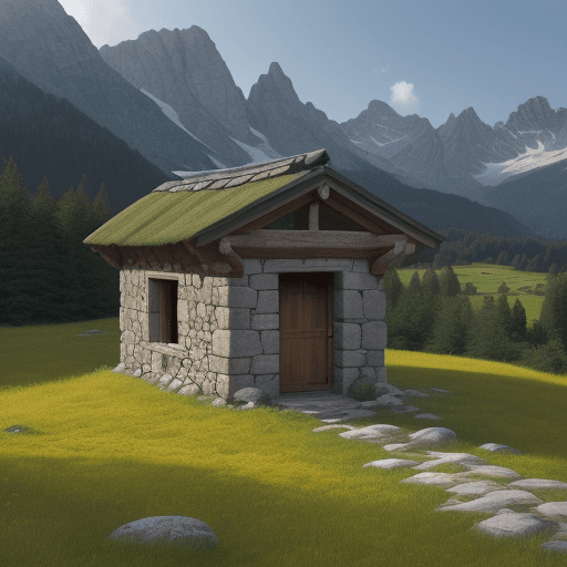 AI generated: a stone hut with a wooden roof in a meadow near the Alpine woods