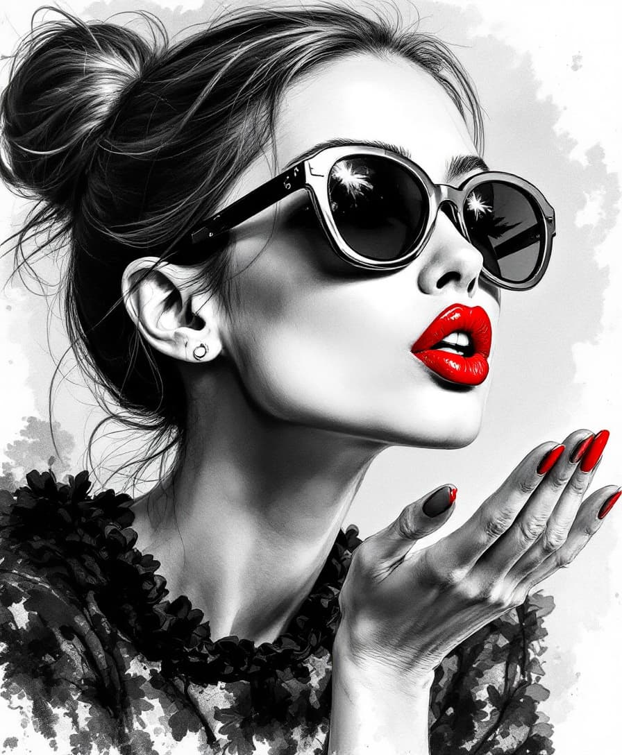 AI generated: "A refined charcoal sketch of a woman with her hair tied back in a sophisticated bun, blowing a kiss...