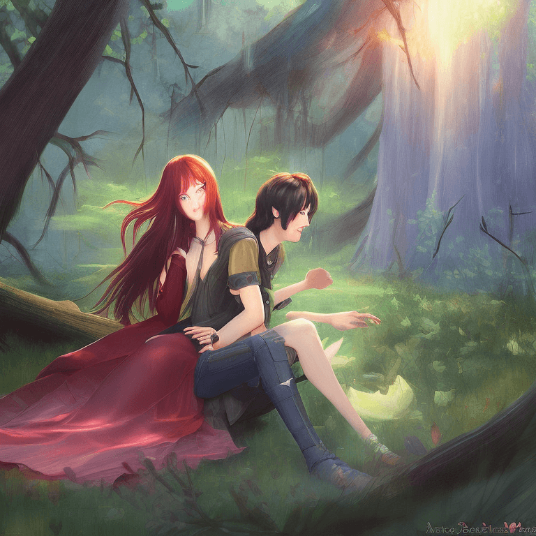 AI generated: a boy and a girl sitting together and hugging in a forest. girl has long flowing red hair. boy has l...