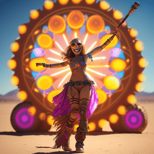 AI generated: [DESERT FESTIVAL UTOPIA] photo of a free-spirited woman in her late 20s wearing steampunk goggles an...