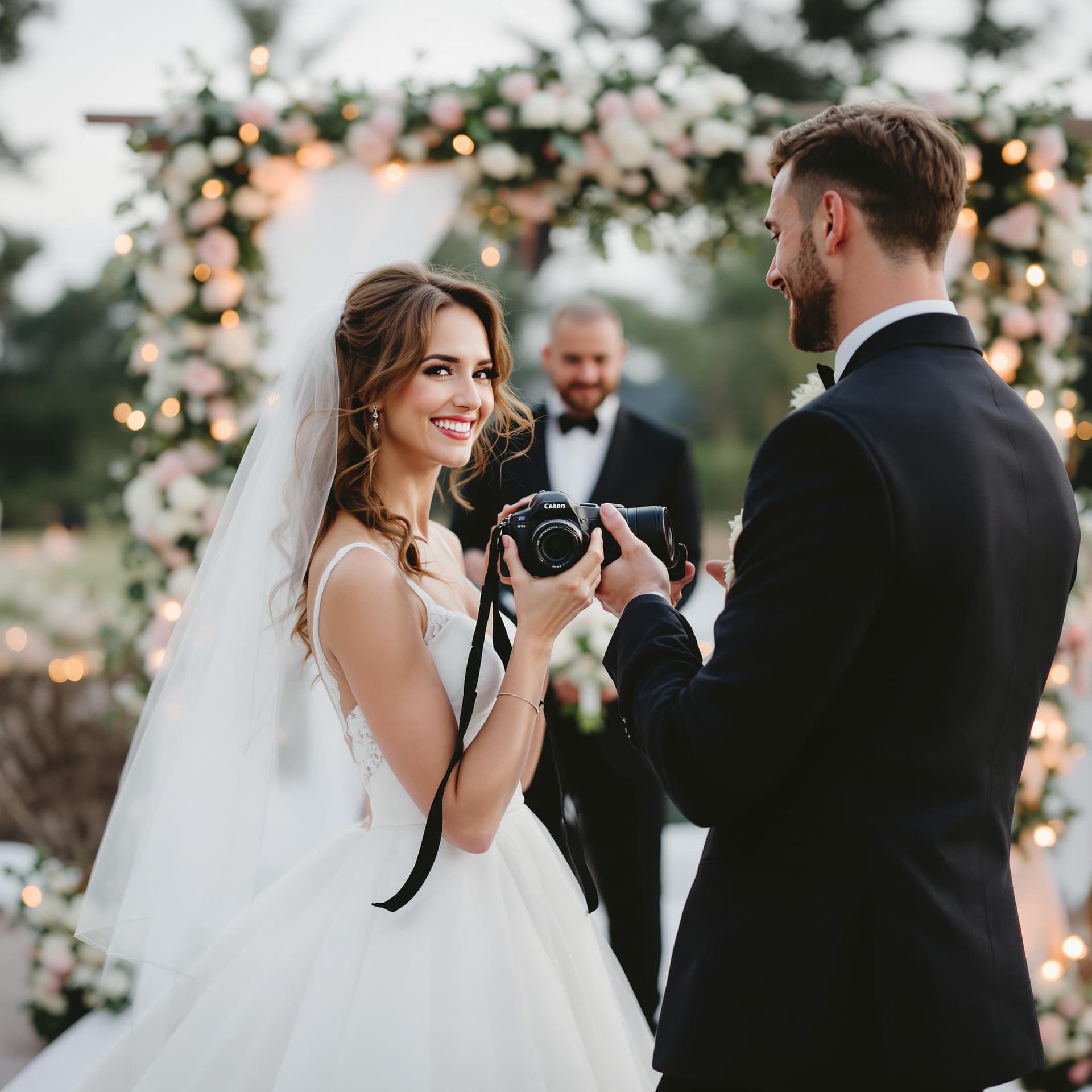 AI generated: Create an image featuring a lady photographer taking photos of a bride and groom at a wedding. The p...