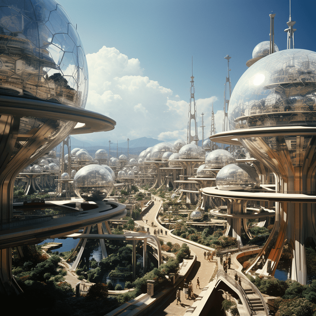AI generated: Retrofuturism style, It is a city designed by Buckminster Fuller on Mars in 2500, influenced by the ...