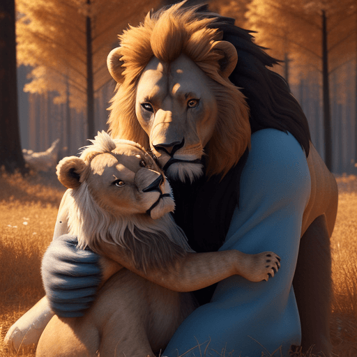 AI generated: A still from a 3d Disney movie of a lion with angel wings, hugging a grizzly bear. Pixar inspired, D...