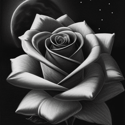 AI generated: 
in the dark a rose illuminated by light and moon in the background with a pencil title
