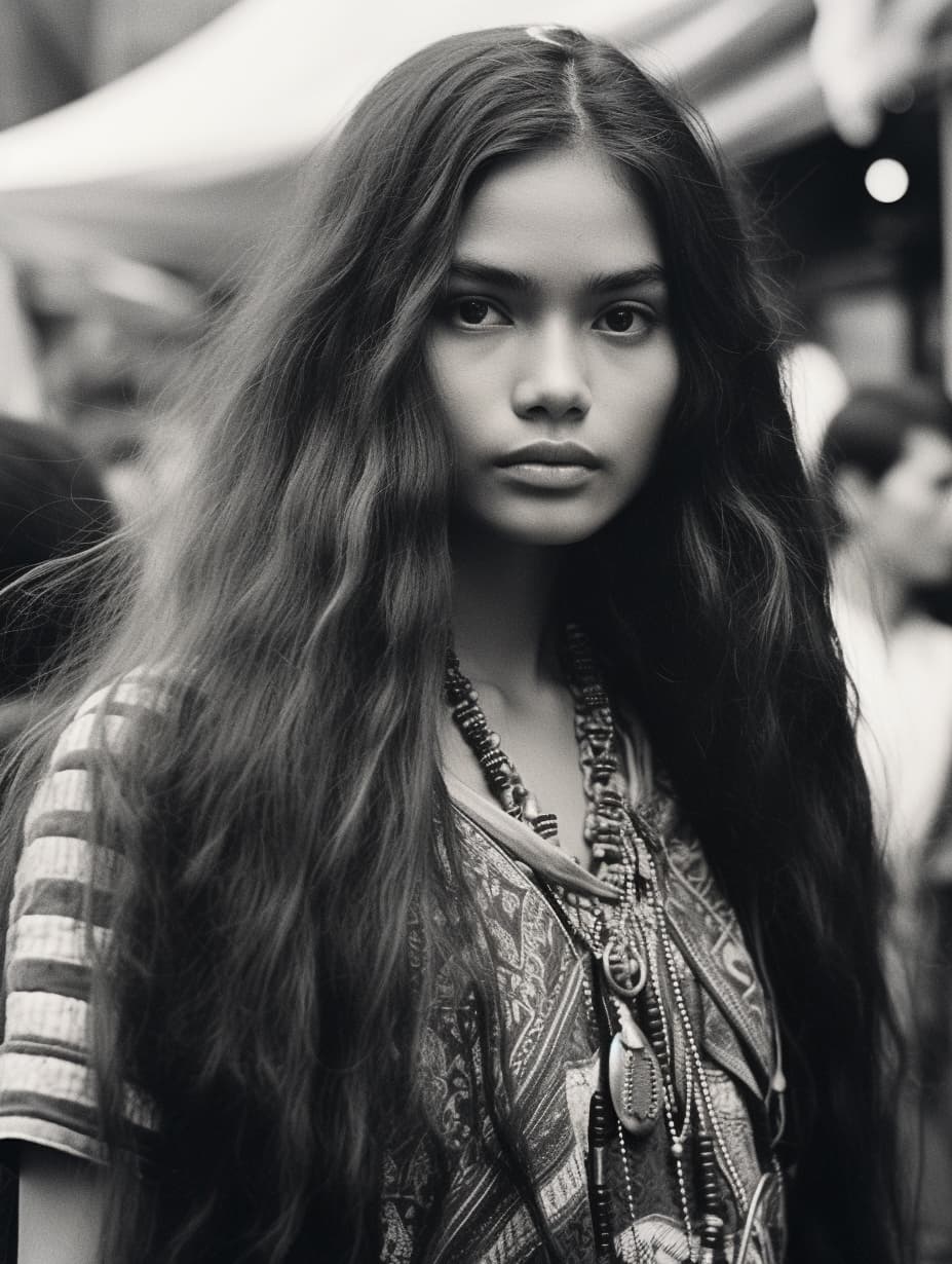 AI generated: Black and white photo of a woman with long hair, philippines, middle eastern details, young himalaya...