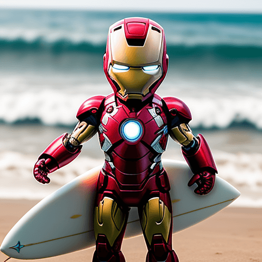 AI generated: baby iron man, standing, hold surfboard, beach, morning, light,close up