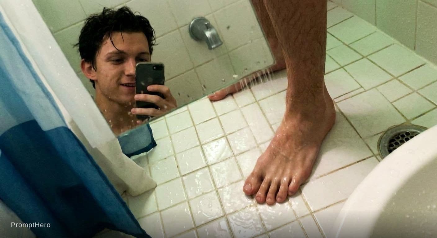 AI generated: Tom Holland,qui se filme, (en train de se laver,il tient la caméra ver le bas,)il montre ses doigts ...