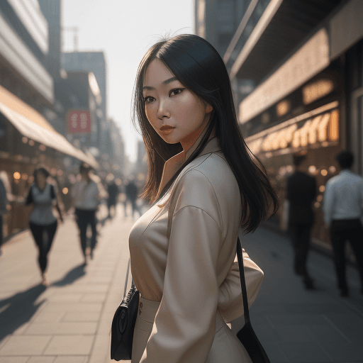 AI generated: very detailed image of a gorgeous young Asian woman standing on a bustling city street, observing th...