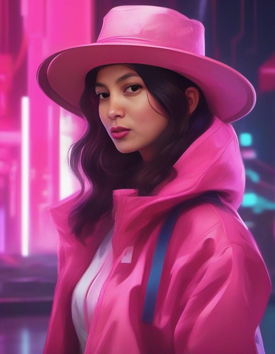 AI generated: a woman wearing a pink hat and a pink jacket, cyberpunk art by Lois van Baarle, trending on Artstati...