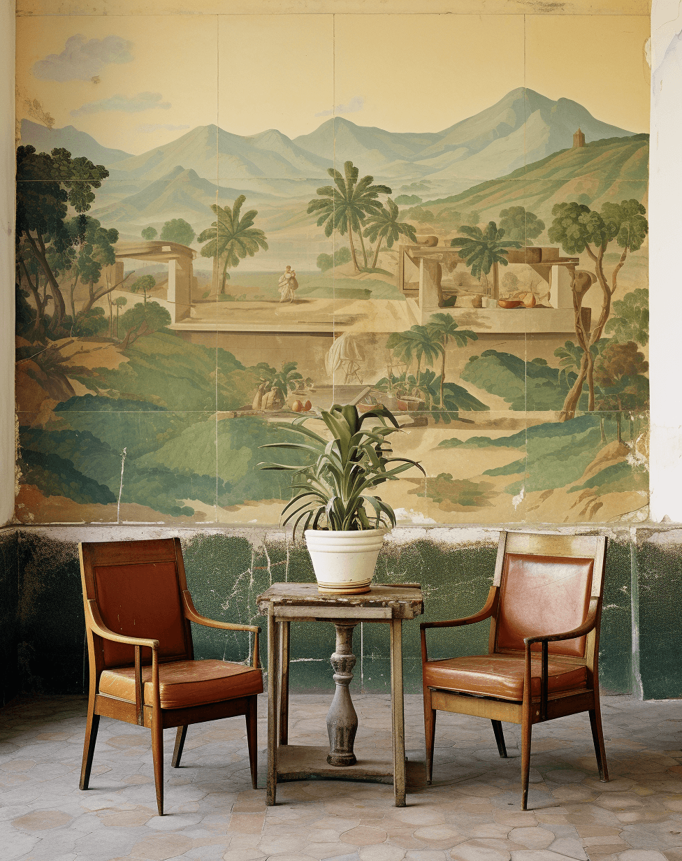 AI generated: green and brown chairs with chairs in the back of the dining room, in the style of william eggleston...