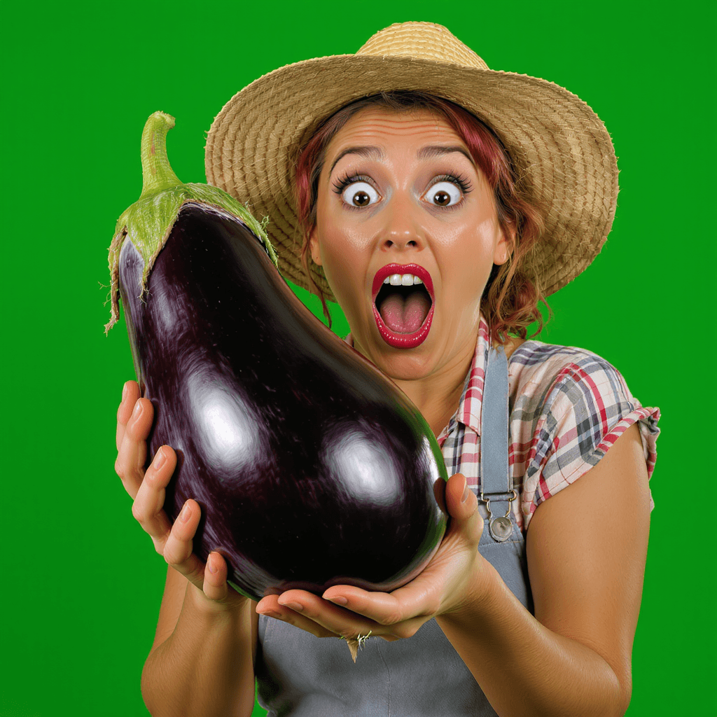 AI generated: A surprised female farmer in a straw hat and apron holding a giant, shiny eggplant like it's a sacre...