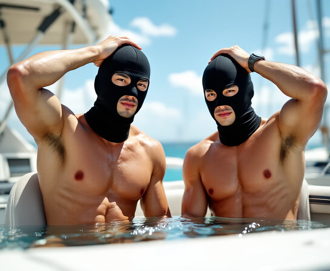 AI generated: Two male Asian Chinese strong swimmers wearing compression jammers were arrested in day time. They a...