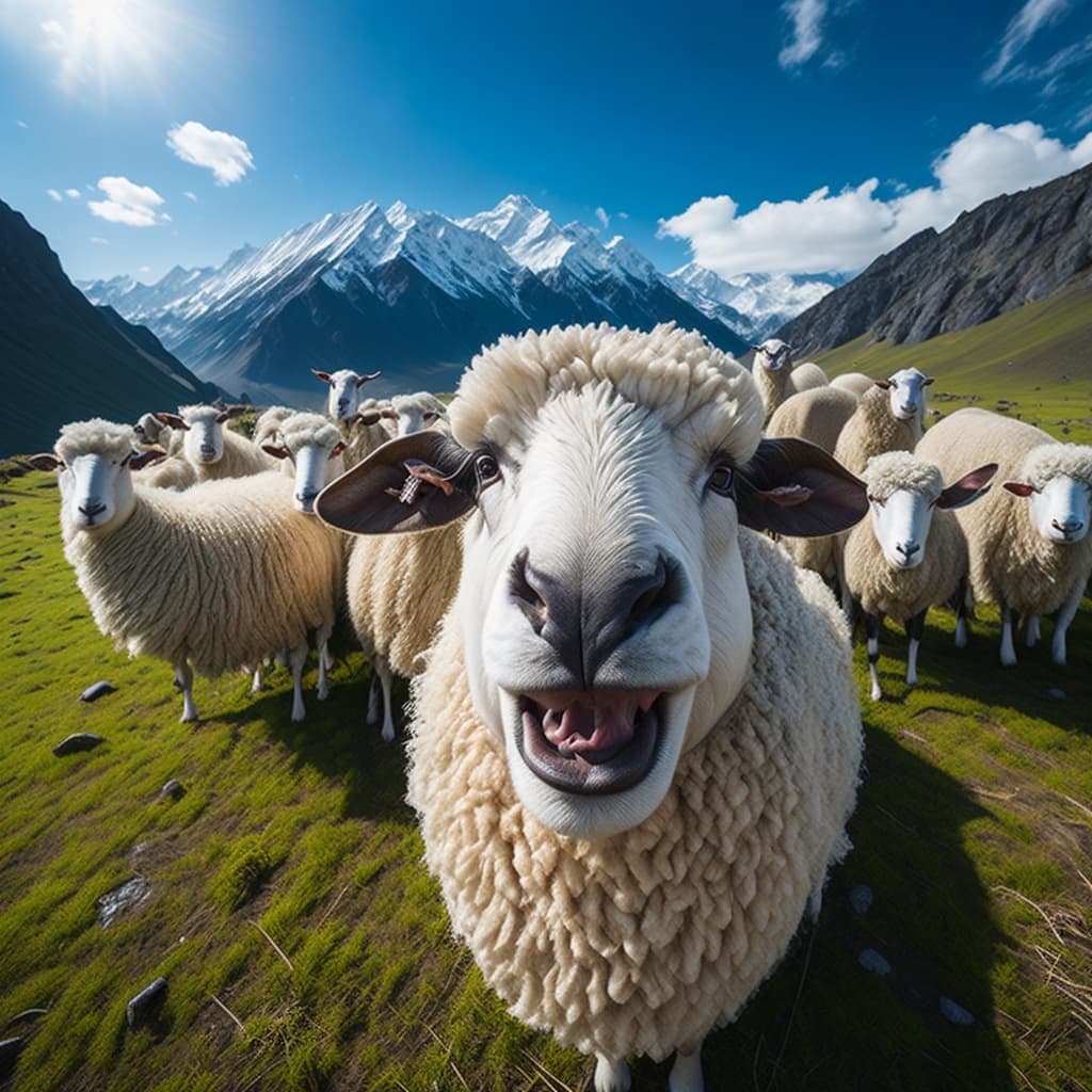 AI generated: flock of sheep are having selfie with a grazing on grassland, himalayan background  extra detailed, ...
