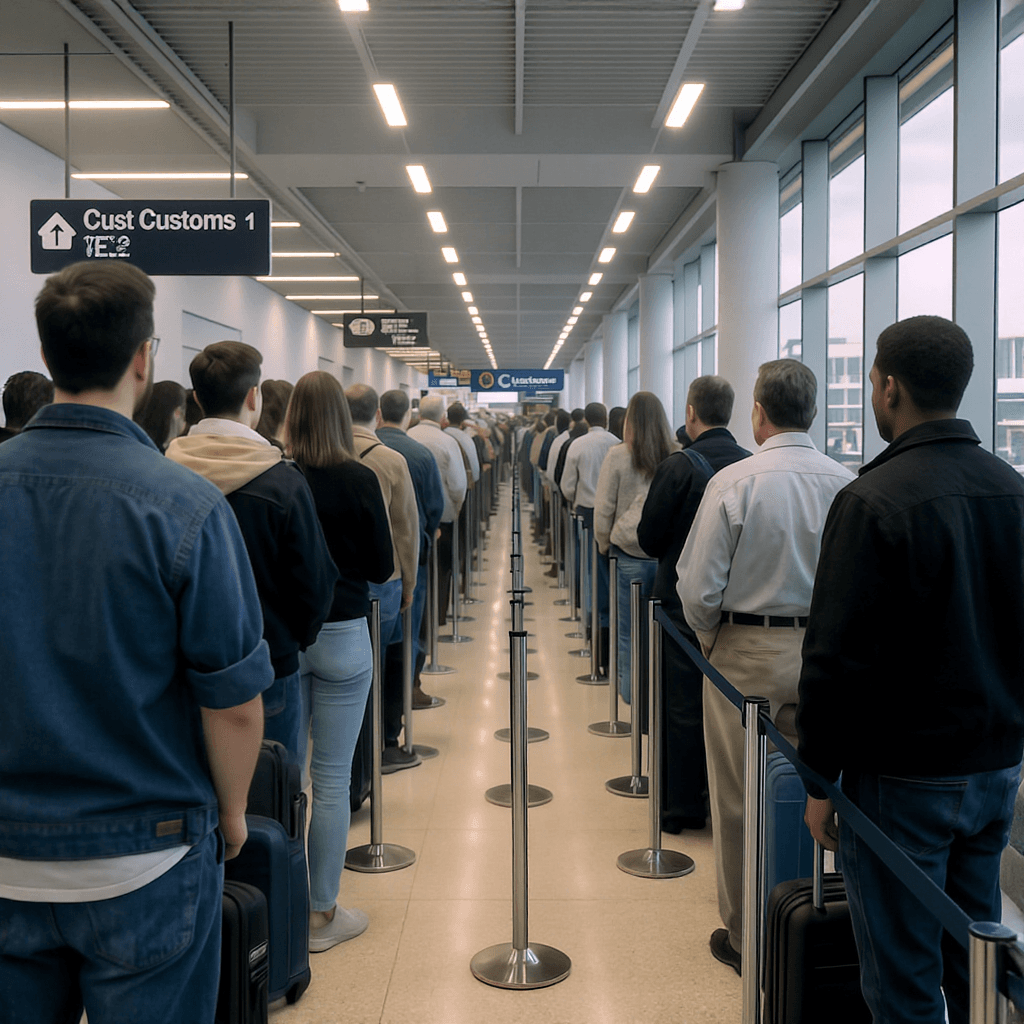 AI generated: A 4K, UHD image of a long customs line at the airport.  The people waiting in line have fresh straig...