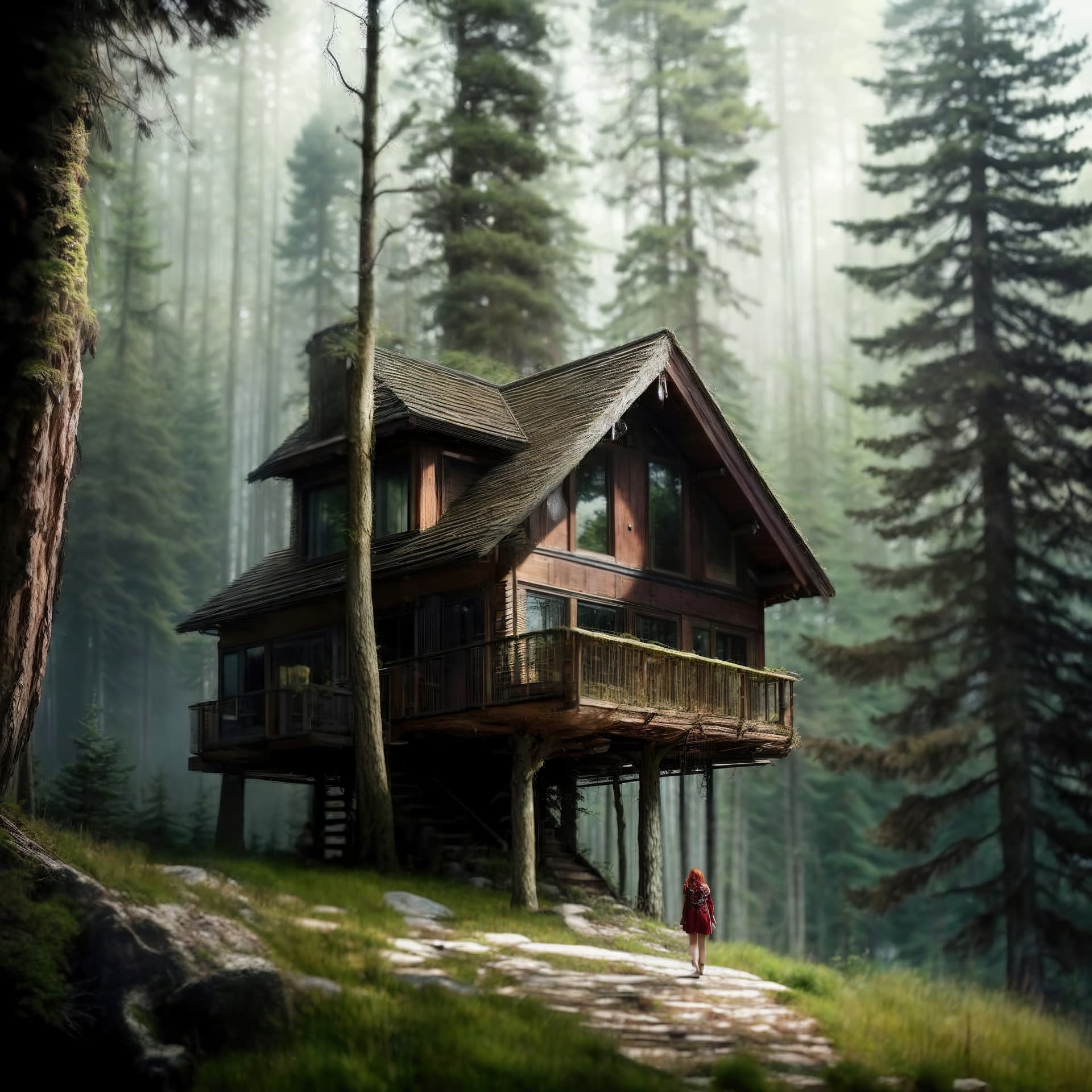 AI generated: house in forest, artstation, cliff edge, pines, hdr, walking man, (1 human:1.0), (girl:1.4), girl in...