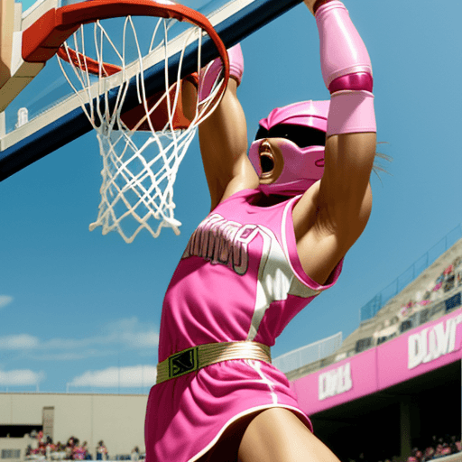 AI generated: Pink power ranger slam dunking