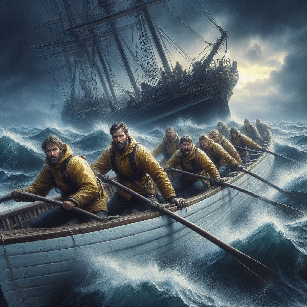 AI generated: Fearless sailors on a maritime rescue mission in a lengthy white rowing lifeboat. They are wearing y...