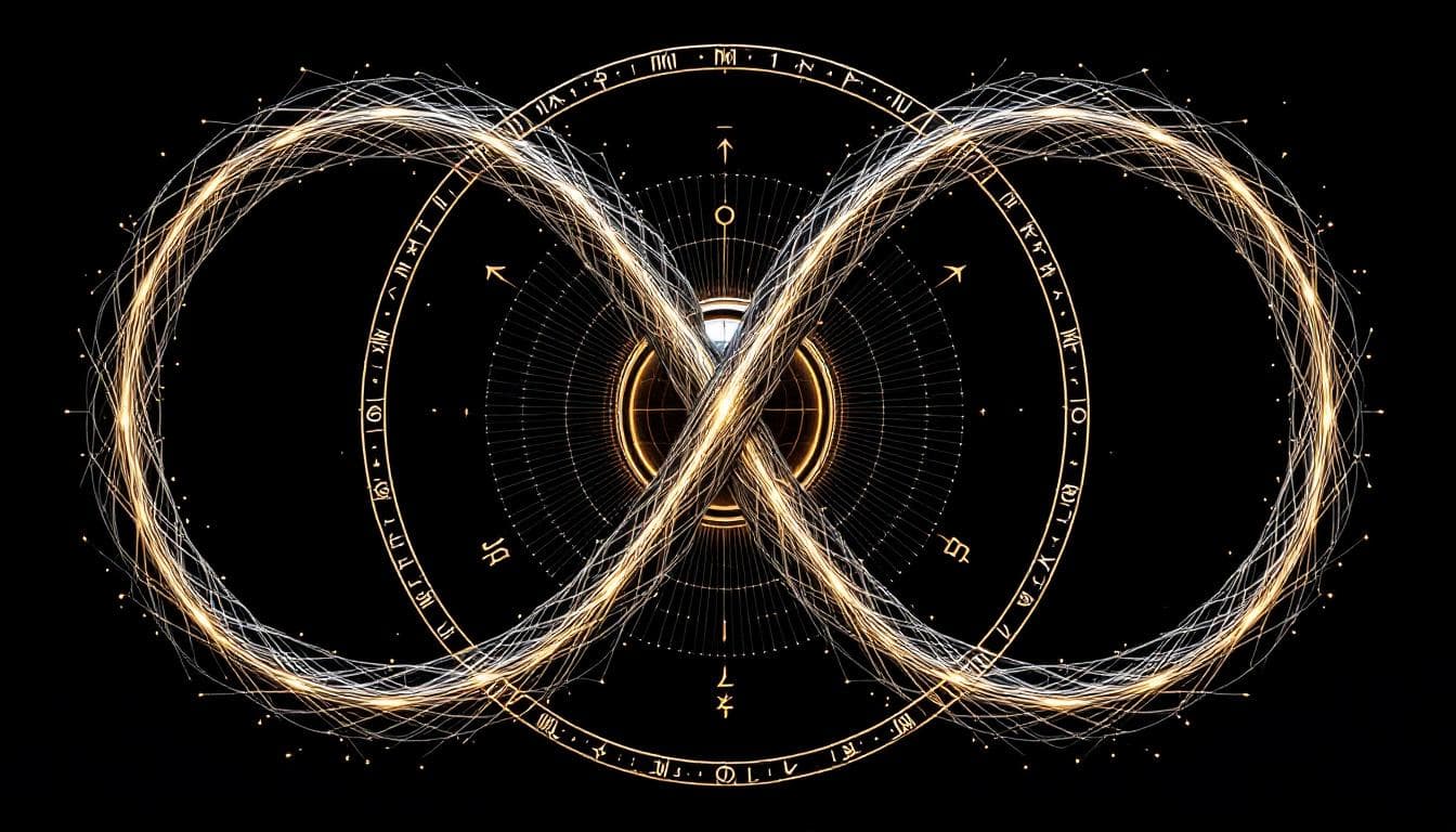 AI generated: Design an original cosmic glyph: a quadruple-infinity symbol with four elongated loops interlocking ...