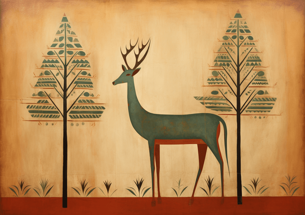 AI generated: A tall tree with antelope underneath it, in the primitive art style, a primitive painting, earthy co...