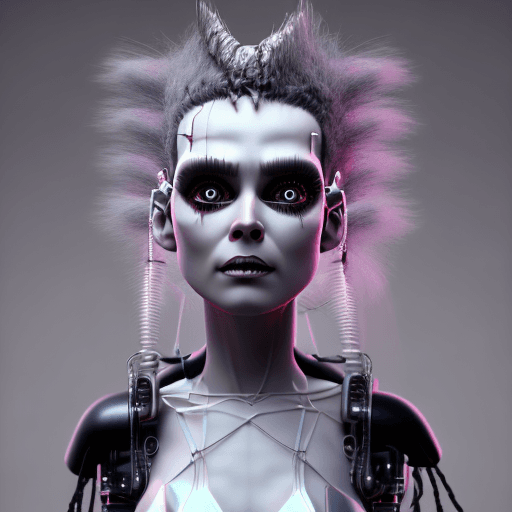 AI generated: cute cyberpunk bride of frankenstein, black hair, (streak of white hair), futuristic, highly detaile...
