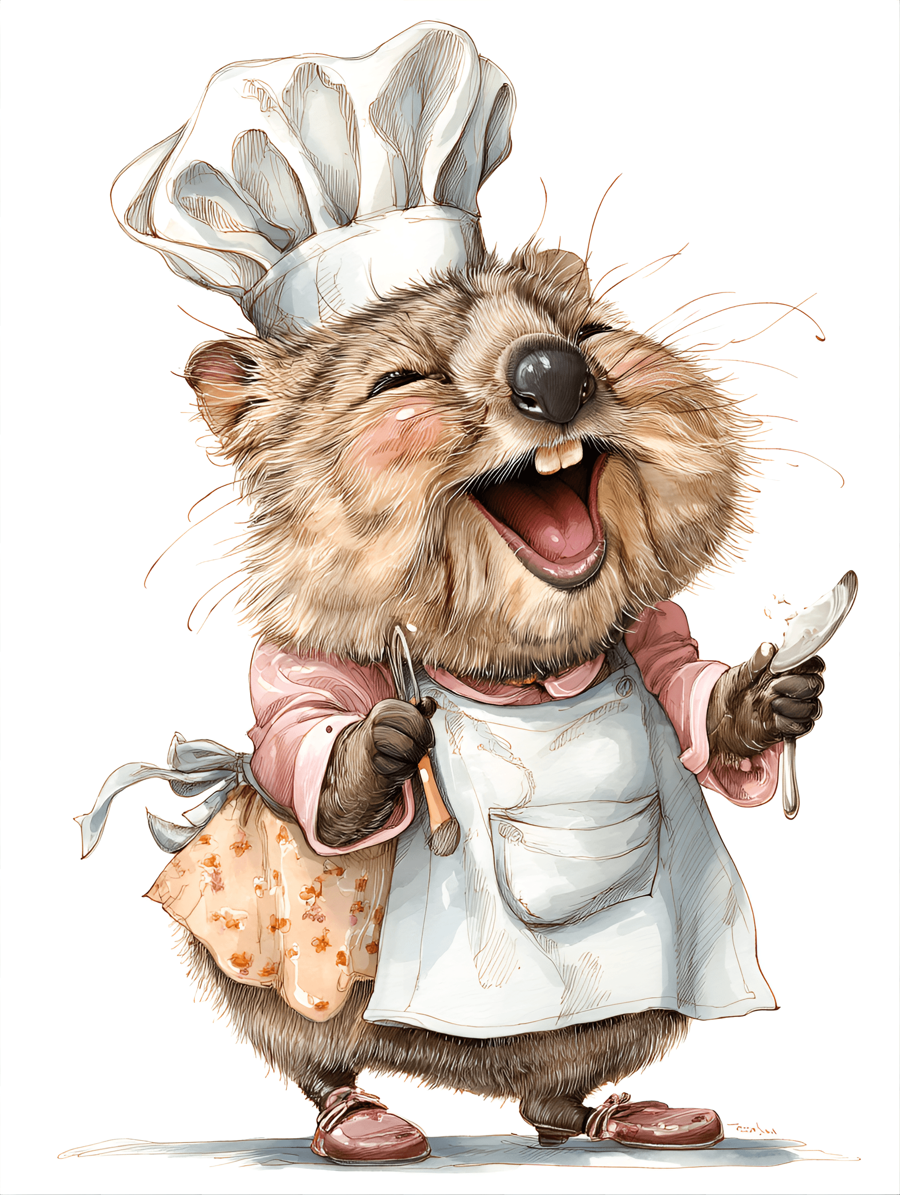 AI generated: funny caricature, quokka animal caricature, adult australian female, 5 years old, small, round, chee...
