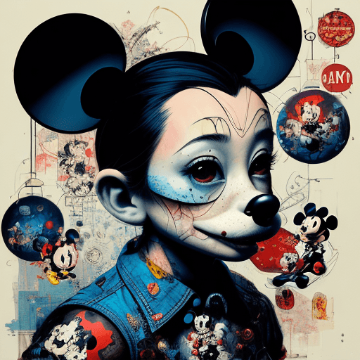 AI generated: Mickey Mouse, collage art, mixed media, enchanting, punk art, part by james jean, part by ross tran,...