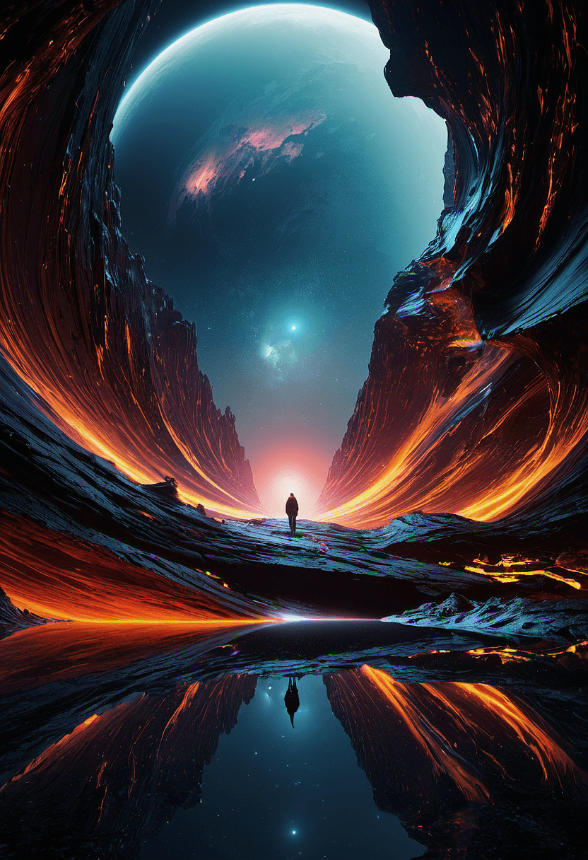 AI generated: An image of a solitary person stands on the edge of a reflective water body in the center of a sci-f...