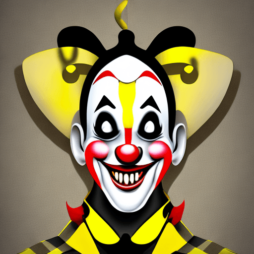 AI generated: minimalism logo clown jester in a jester's hat with three bells smiles sincere kind smile yellow and...