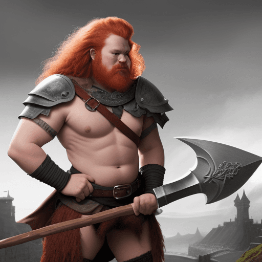AI generated: a darf with a big battleaxe, fantasy, redhaired 