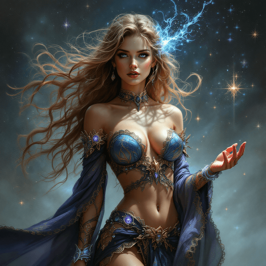 AI generated: Fantasy art, a woman, full body, her outfit changes with her magic, becoming more intricate when she...