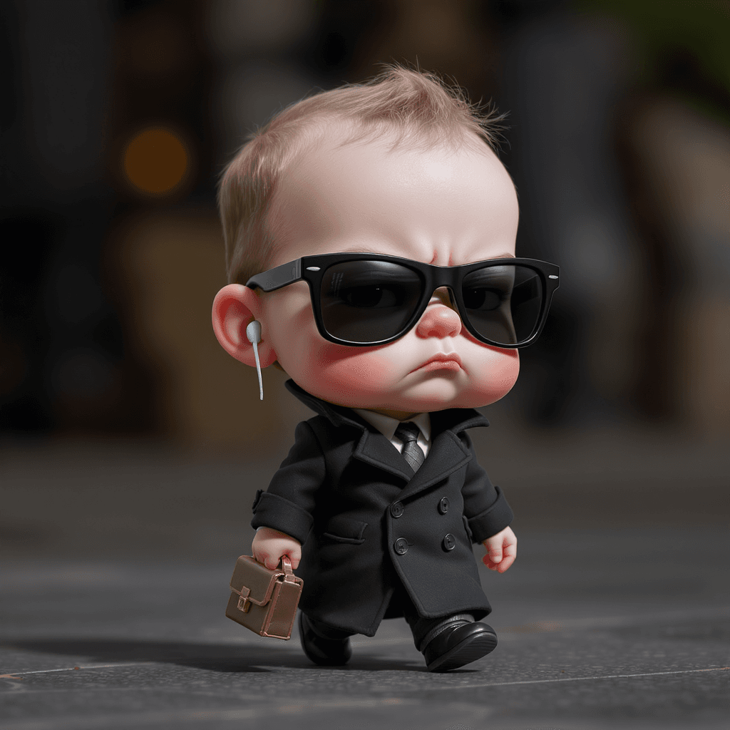 AI generated: funny caricature, tiny secret agent character, male, 2 years old, serious, determined, miniature, ex...
