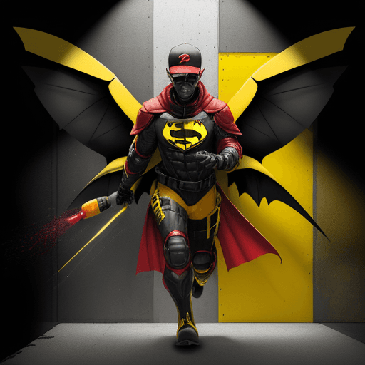AI generated: A BLACKMAN in a red baseball cap backwards, yellow sunglasses, in a black and red dark knight detail...