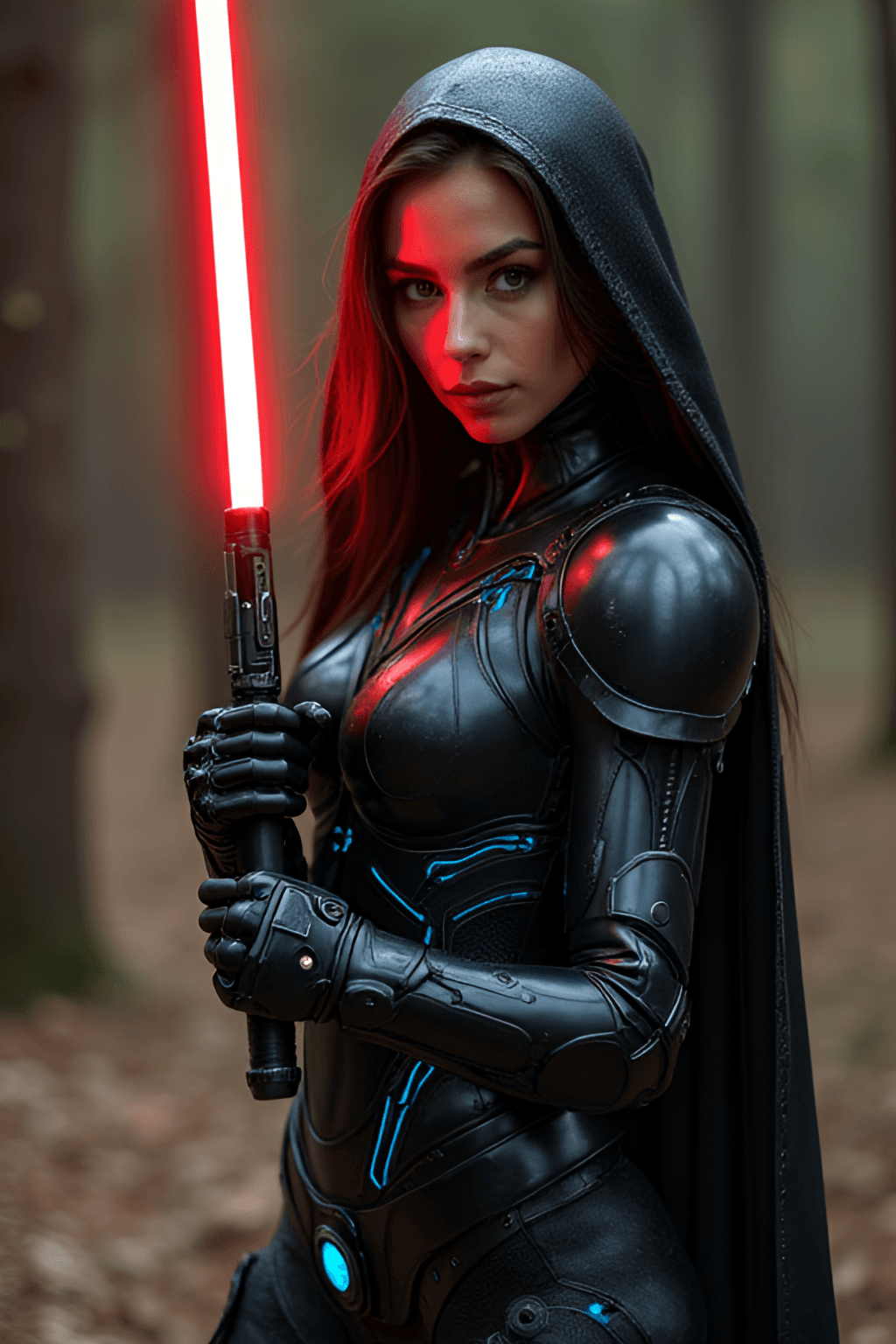 AI generated: Latina female dressed in black cyberpunk robotic armor with glowing blue details holding a red light...