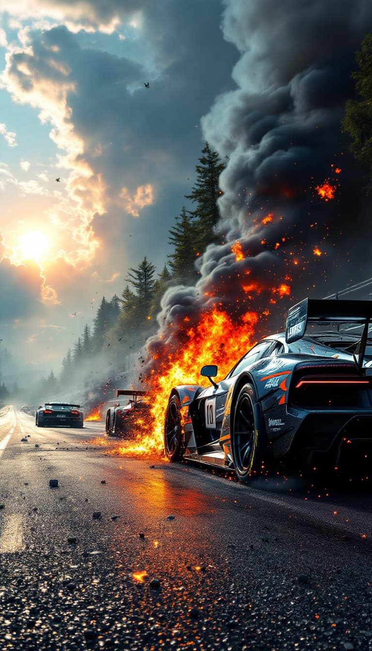 AI generated: Summer.      ACCIDENT on the highway! 2 racing cars collided. The race track is well lit by the sun....