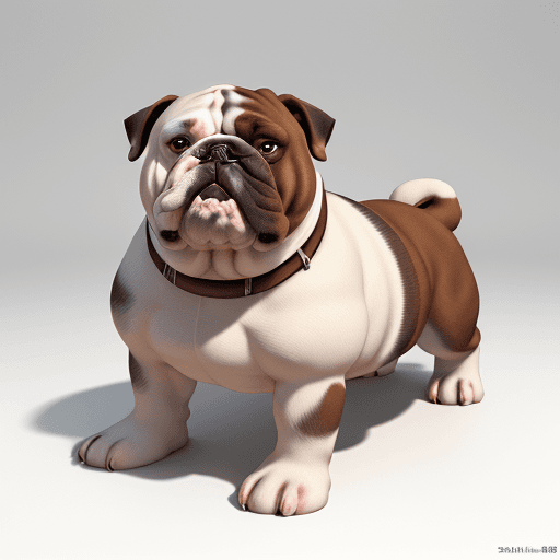 AI generated: a brown and white bulldog sitting on a white surface, white floor clearly visible, a digital renderi...