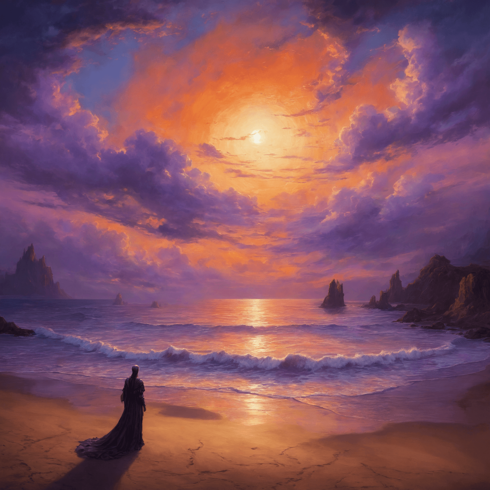 AI generated: Dreamscape ethereal dark fantasy concept art, gothic, sandy beach, sunset, purple and orange skies, ...